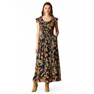 Wayward Fancies Eshakti Women's Navy Blue Floral Boho Midi Flutter Dress Large